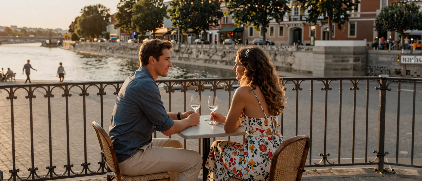 International couple enjoying a romantic evening at a European terrace café, representing the beauty of American-Slavic relationships