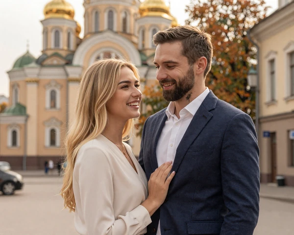 Michael and Elena, a happy international couple, posing together in Kyiv, Ukraine