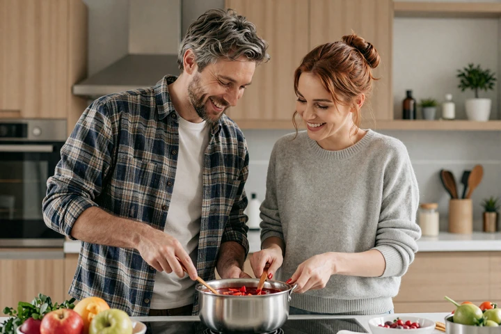 International couple cooking traditional Slavic borscht together in their American kitchen during cultural adjustment