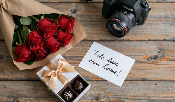 Romantic gift arrangement with odd-numbered red roses and elegantly wrapped presents following Slavic dating gift-giving customs