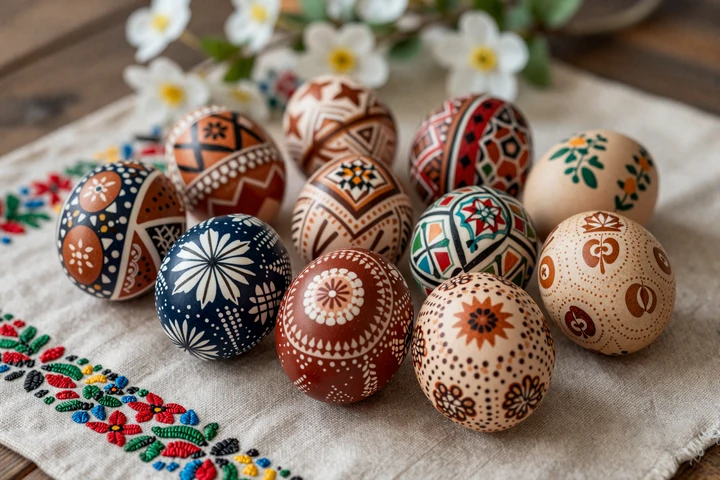 Traditional hand-painted Slavic Easter eggs with intricate geometric patterns on embroidered cloth