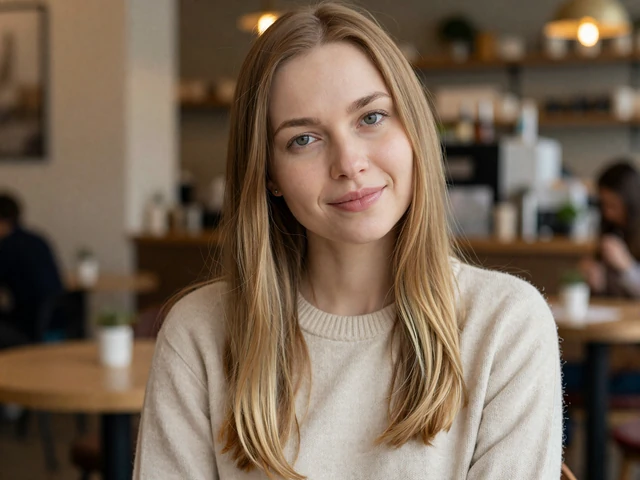 A thoughtful Slavic woman enjoying a warm moment at a European café, representing the warmth of Eastern European dating culture