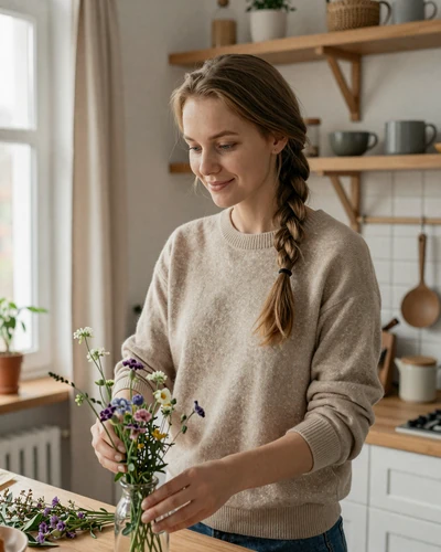 Belarusian woman arranging wildflowers in a bright modern kitchen, illustrating the warmth and domestic grace of Belarusian singles