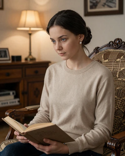 Russian woman reading in an elegantly furnished living room, reflecting the intellectual depth of Russian singles