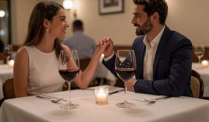 Romantic dinner setting at an elegant European restaurant with wine glasses and candlelight, the ideal atmosphere for a first date with a Slavic woman