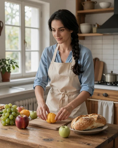 Moldovan woman preparing traditional food in a sunlit country kitchen showcasing hospitality