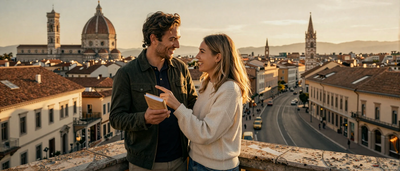 American man and Slavic woman learning language phrases together on a European city balcony at golden hour