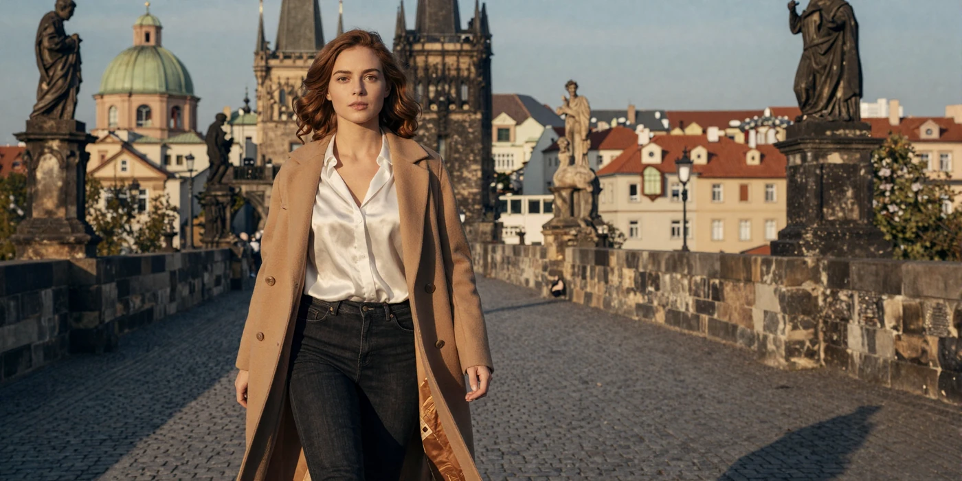 Elegant Czech woman walking across Charles Bridge in Prague at golden hour with Gothic towers in background