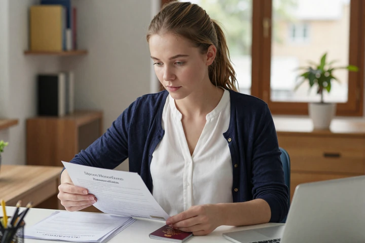 Slavic woman organizing K-1 visa immigration documents and passport for her move to the United States