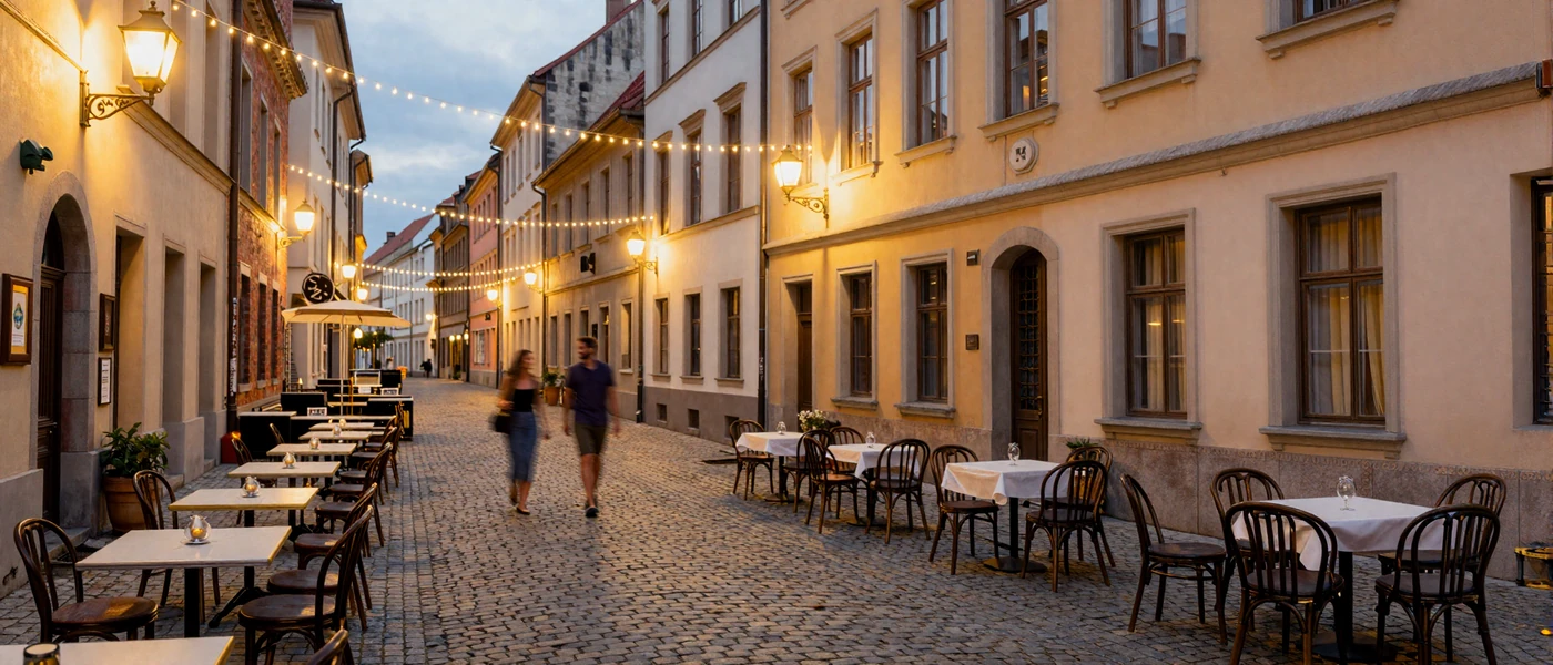 Romantic European cobblestone street at dusk with warm café ambiance, the perfect setting for Slavic dating