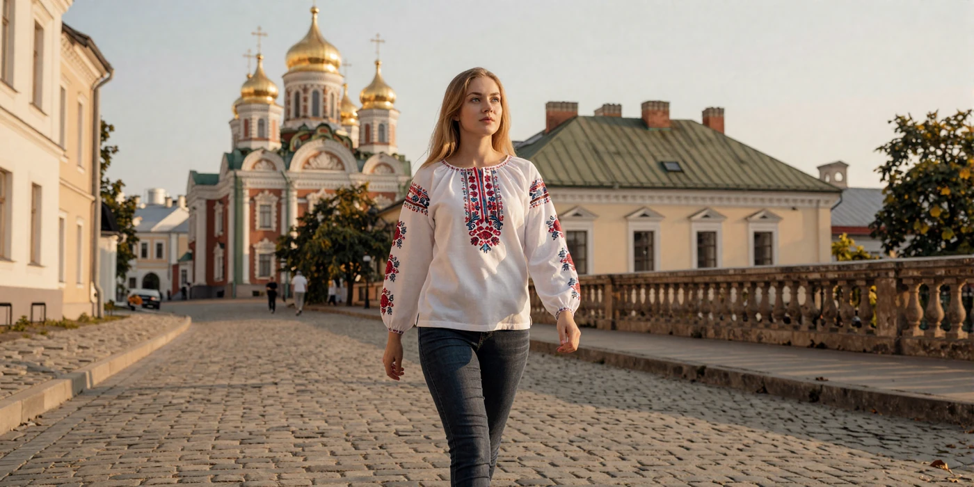 Beautiful Ukrainian woman in traditional embroidered blouse walking through historic Kyiv streets at golden hour