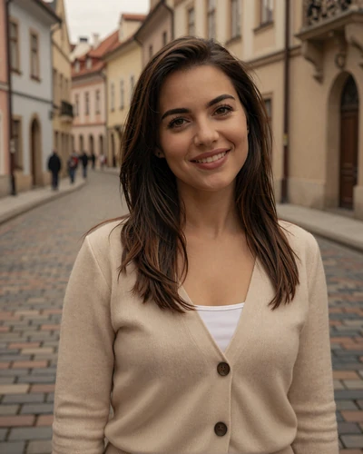 Veronika, 26, from Prague - a Czech woman with dark brown hair on a cobblestone street