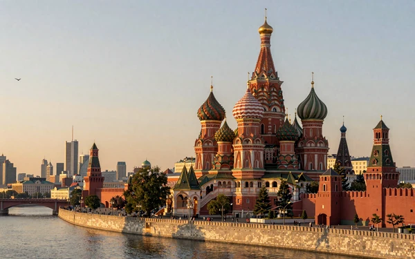 Moscow skyline with Saint Basil's Cathedral and Kremlin at golden hour, Russia's vibrant capital for dating