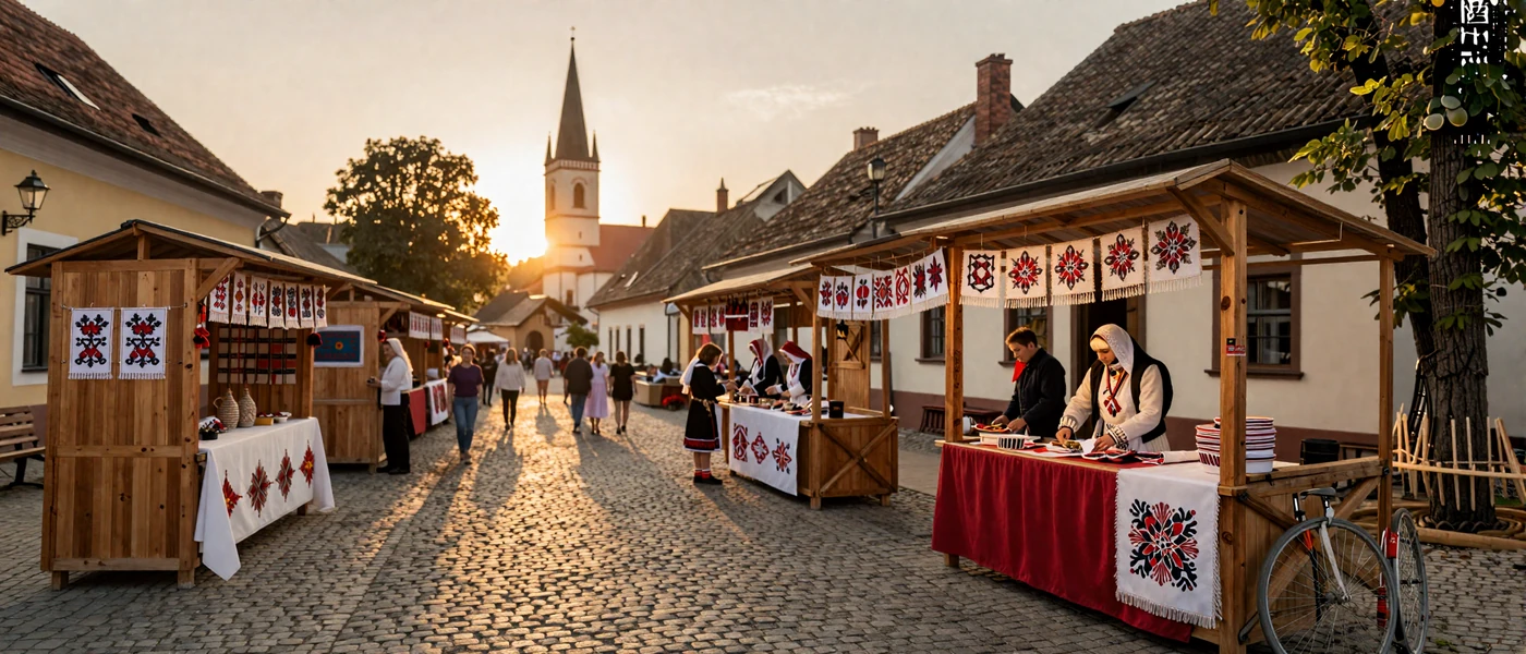 Traditional Eastern European cultural festival in a charming village square at golden hour