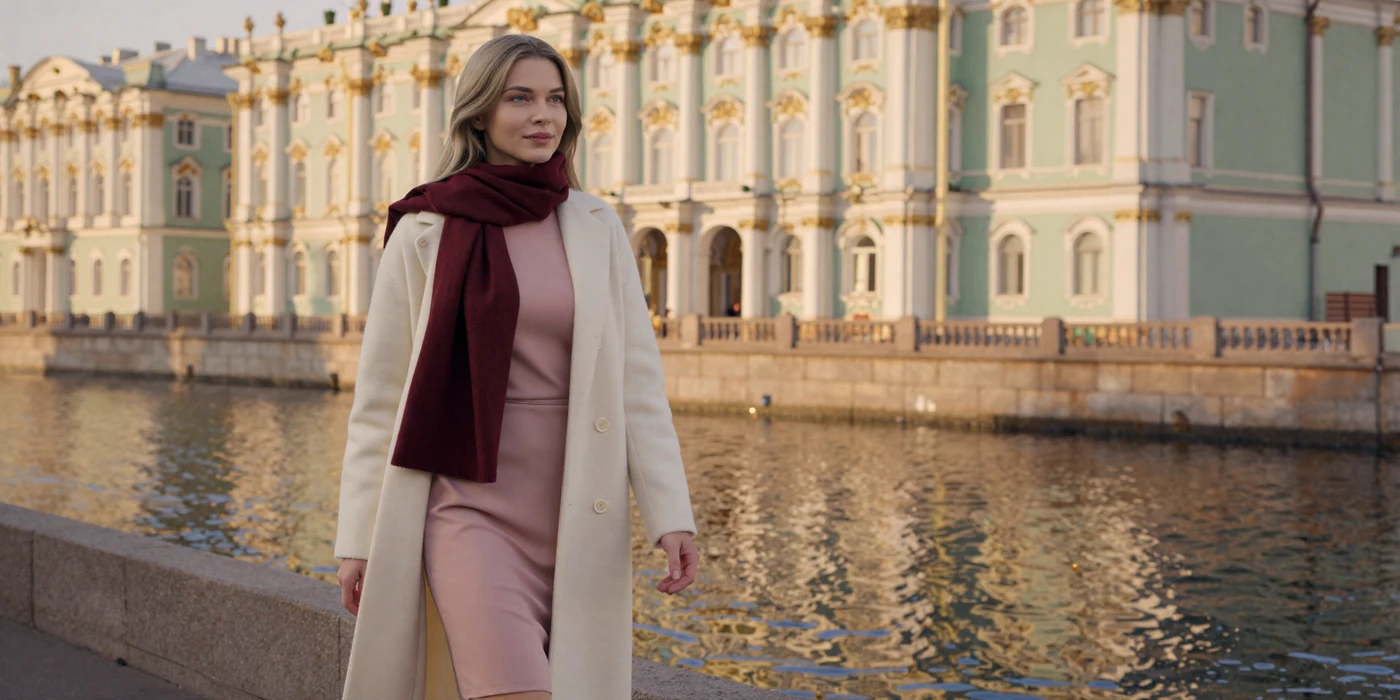 Elegant Russian woman walking along a canal embankment in St. Petersburg during golden hour