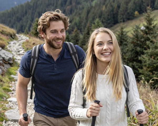 Kevin and Magdalena, a young engaged couple from Portland and Krakow, hiking together in nature