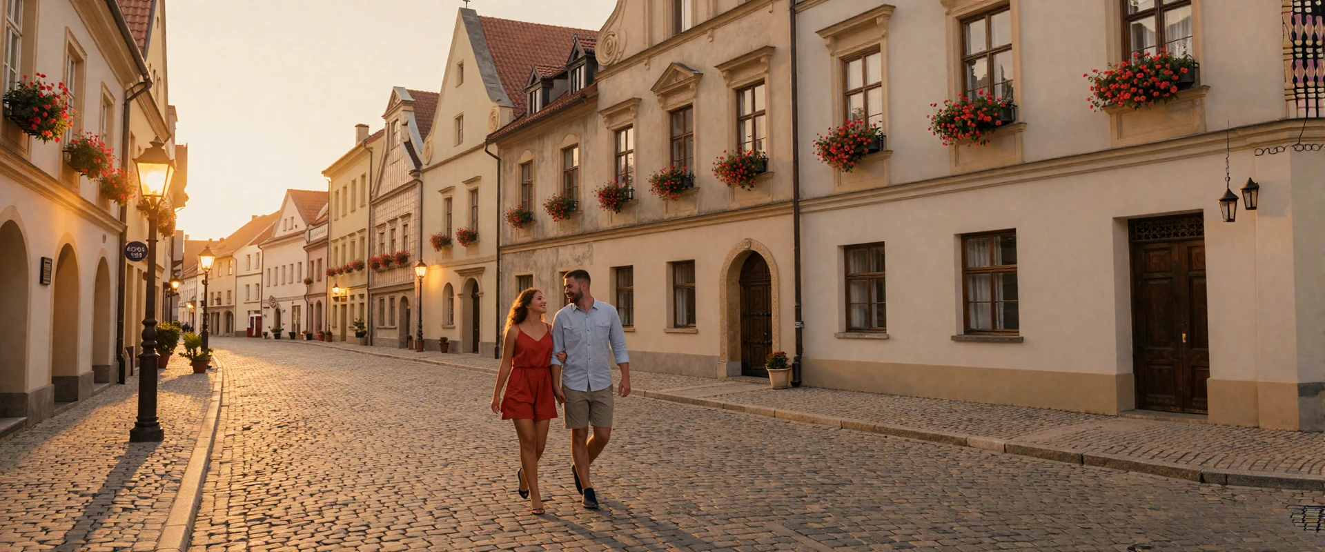 Romantic European city square at golden hour with a couple walking together