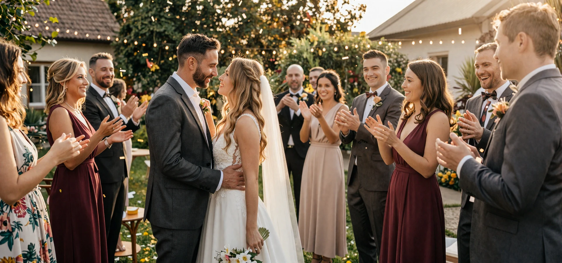 Joyful wedding celebration featuring international couples at an elegant European garden venue