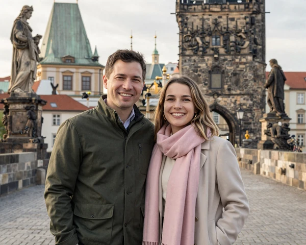 James and Petra, a couple from Boston and Prague, standing together on the historic Charles Bridge