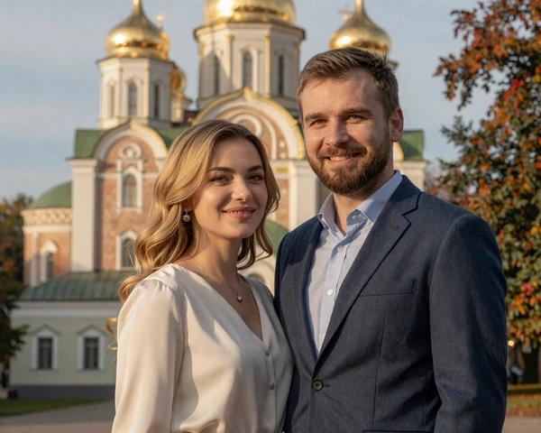 Michael and Elena, a happy international couple from Chicago and Kyiv, sharing a warm embrace