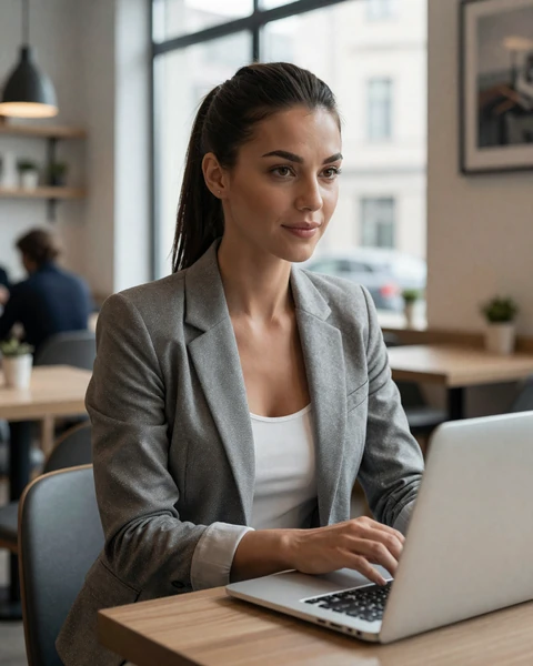 Romanian professional woman working at a modern cafe in Romania, representing career-driven singles